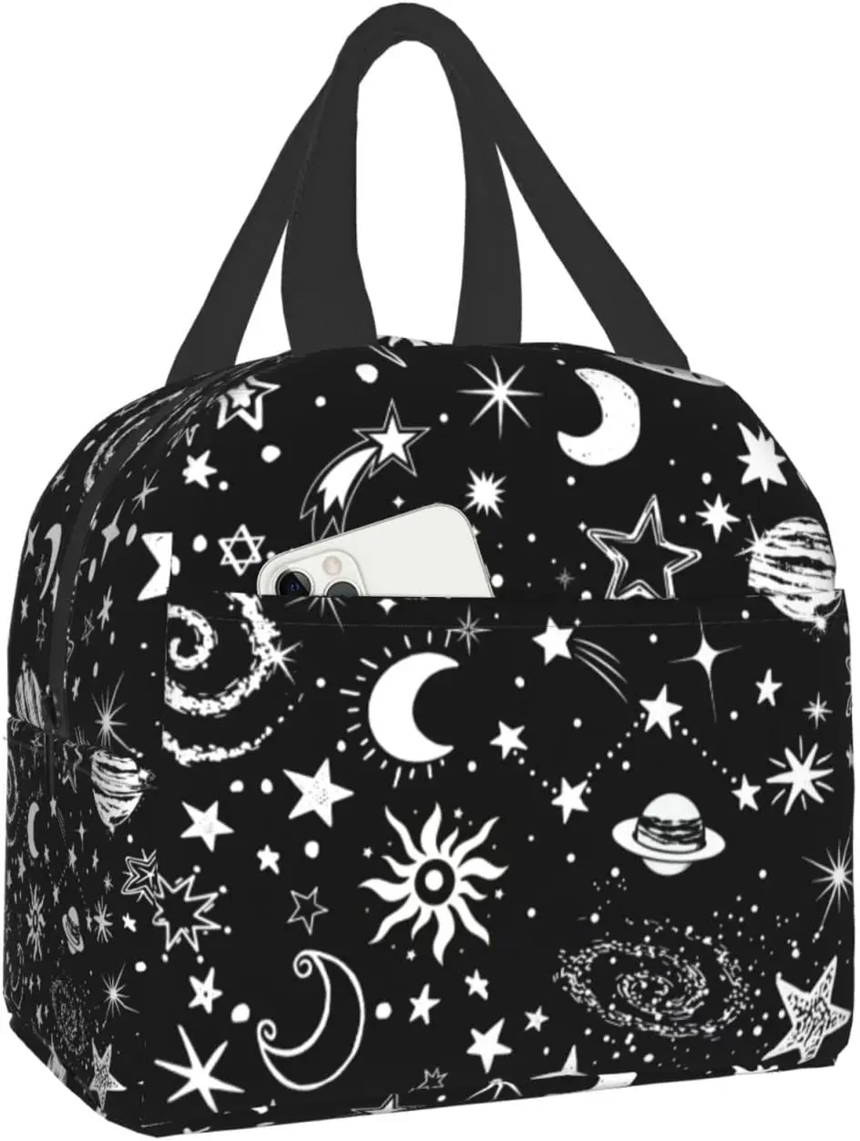 

Black Galaxy Star Moon Lunch Box Bag Girls Women Freezable Insulated Planet Lunch Bag Handbag Reusable Tote Bag for Work