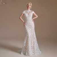 elegant lace wedding gown for bride 2022 high neck mermaid wedding dress illusion beaded bridal gown see through robe mariage