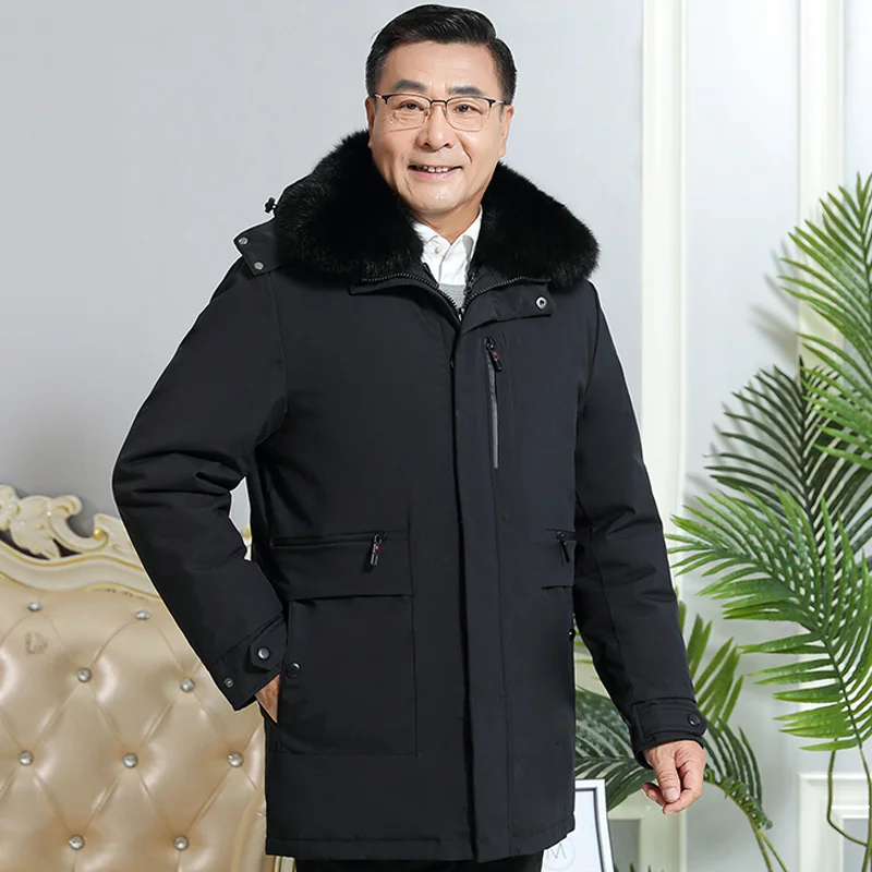 

Воротник из натурального меха зимняя мужская пуховая куртка для мужчин среднего возраста с теплой подкладкой съемное Мужское пальто из 90% б...