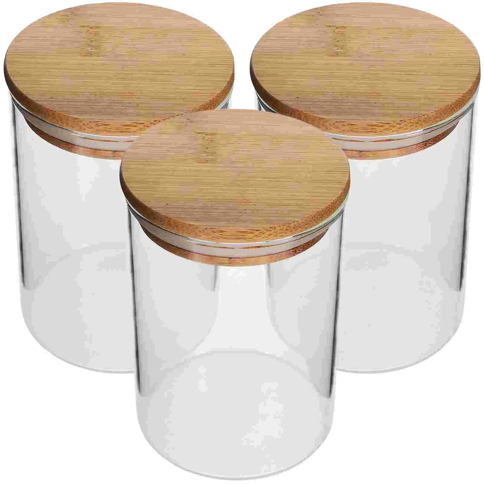 

3 Pcs Food Containers Sealed Tea Canister Dried Fruit Jar Coffee Sugar Storage Jars Wood Lid Glass Cereals Bean