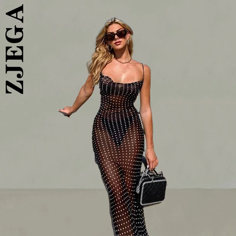 

Zjega Sleeveless Dress Sexy Long Dress Fashion Slim See-Through Bandage Dresses Hip Inner Wear Cheap Female Clothing Vestidos