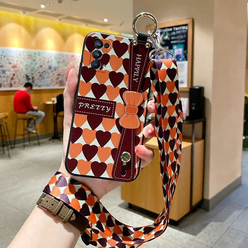 

Love Heart Bowknot Cross Body Phone Case For OPPO R15 R17 Reno 3 4 5 5K 6 7 Pro A72 Realme GT V13 8 Q3 Q3I V15 Cover With Strap