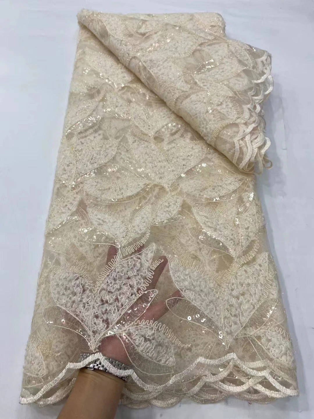 Pale Yellow Mesh African Skin Lace Fabric Dresses for Woman Embroidery Leaves Sequince 2022 Dubai Style Garment Sewing SDPN159