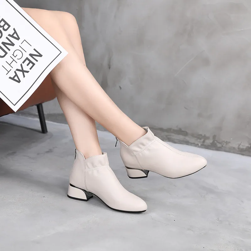 Модные ботильоны из натуральной кожи женские на толстом каблуке и молнии с