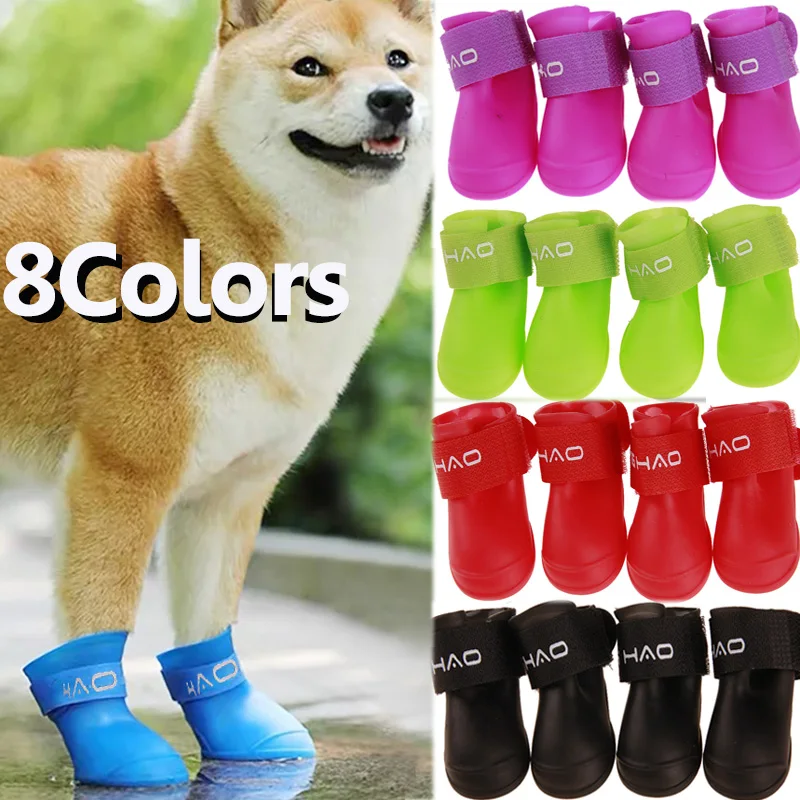 

4pcs/lot S/M/L Pet Dog Rain Shoes for Dogs Booties Rubber Booties Portable Anti Slip Waterproof Pet Dog Cat Rain Shoes 8 Colors