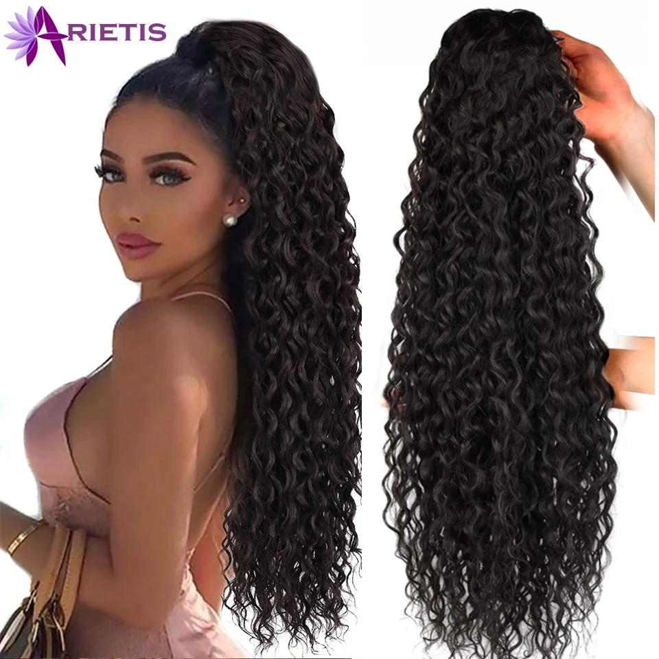 

Water Wave Clip In Hair Extensions Human Hair Brazilian Drawstring Ponytail Human Hair Water Wave Natural Black Remy Hair