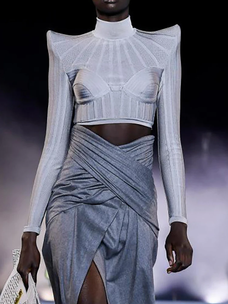 

Женский свитер с ложным воротником DEAT, облегающий трикотажный короткий топ на молнии сзади с длинными рукавами и наплечниками, осень 2023