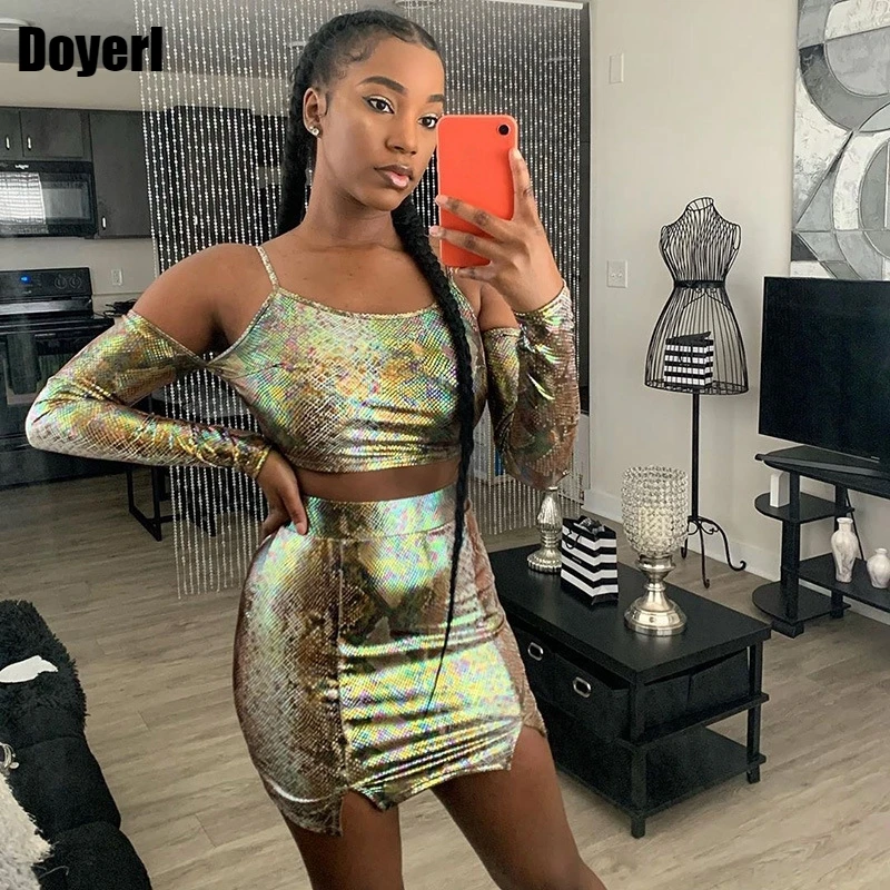 

Snake Print Sexy Two Piece Sets Womens Outifits Club Rave Outfit Crop Top and Mini Skirts Dress Sets Ensemble Femme 2 Pieces