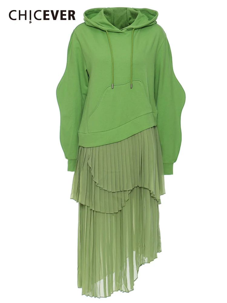 

CHICEVER Green Patchwork Ruched Irregular Hem Dress For Women Hooded Collar Long Sleeve High Waist Solid Midi Dresses Female New
