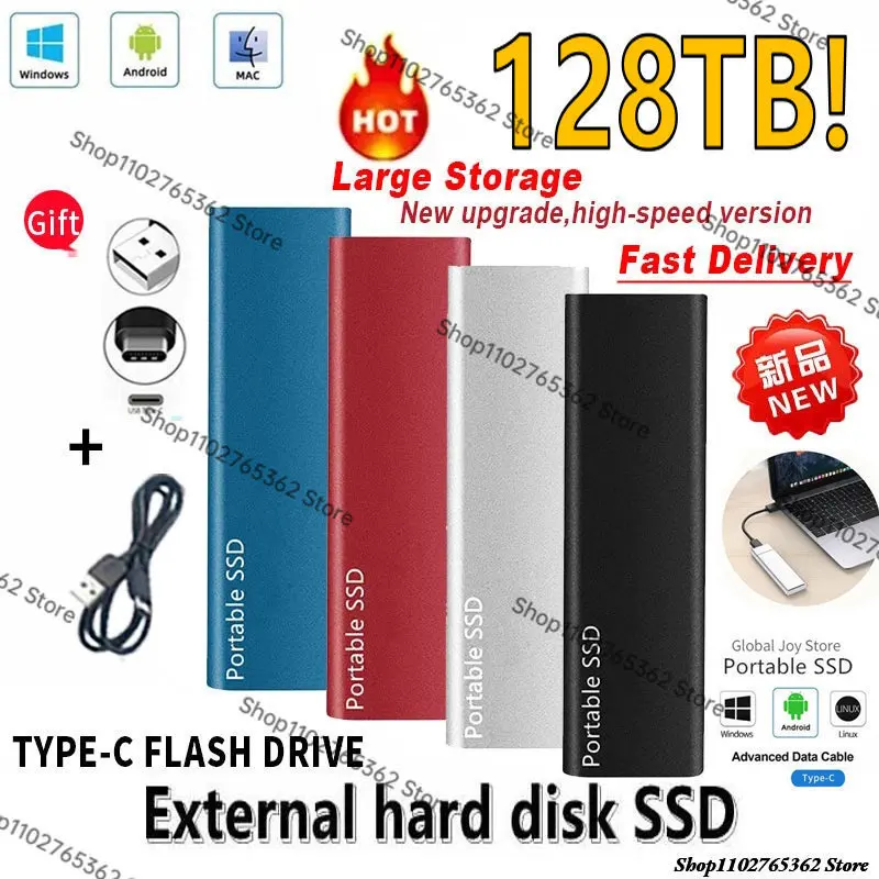 

Portable SSD 2TB 4TB 8TB Hard Drive External Solid State Drives USB 3.1 Type-C 128TB 16TB disco duro For Laptops Computer MAC