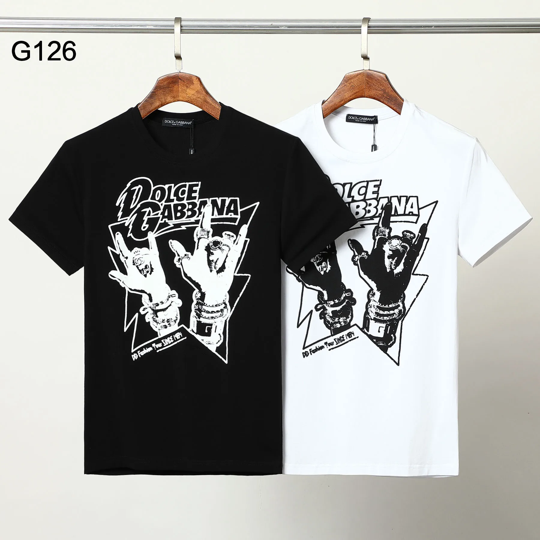 

Hip-Hop Trendy Men's D&G moto-biker Milano Finger Printed O-Neck Short-sleeved T-shirt Male Italy Brand Black Streetwear Tops