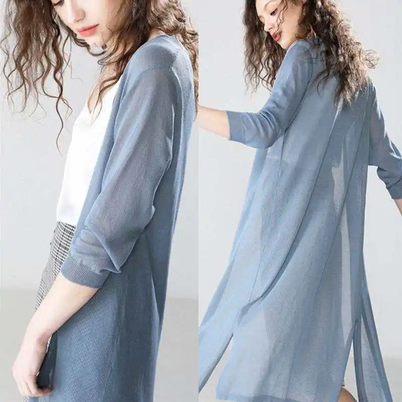

Knitted White Cardigans Women Spring Summer Sunscreen Long Sleeve Through Kimono Tops Korean Fashion Sweater Shawl Outerwear