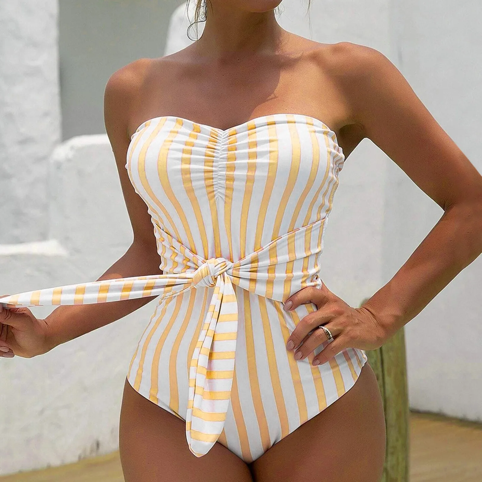 

One Piece Sleeveless Backless Ruched Swimsuit Women Vertical Stripe Sexy Tube Top Strapless Tie Up Summer Ladies Swimwear Bather