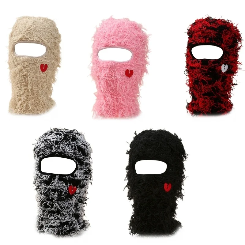 

Knit Balaclava Hat for Students Adult Windproof Winter Hat Neck Protect Hat with Embroidery Heart Warm Cycling Hat