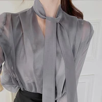 long sleeve open collarbone v neck chiffon shirt women lace up shirt blusas mujer de moda 2022 verano elegantes solid color 90a