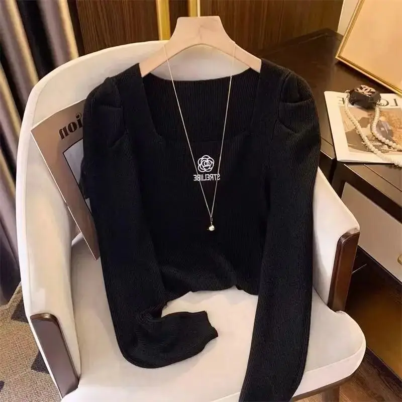 

Fashion Embroidered Flower Knit Sweater Women Square Collar Long Sleeve Slim Jumpers Autumn Winter Korean Base Pullovers Female