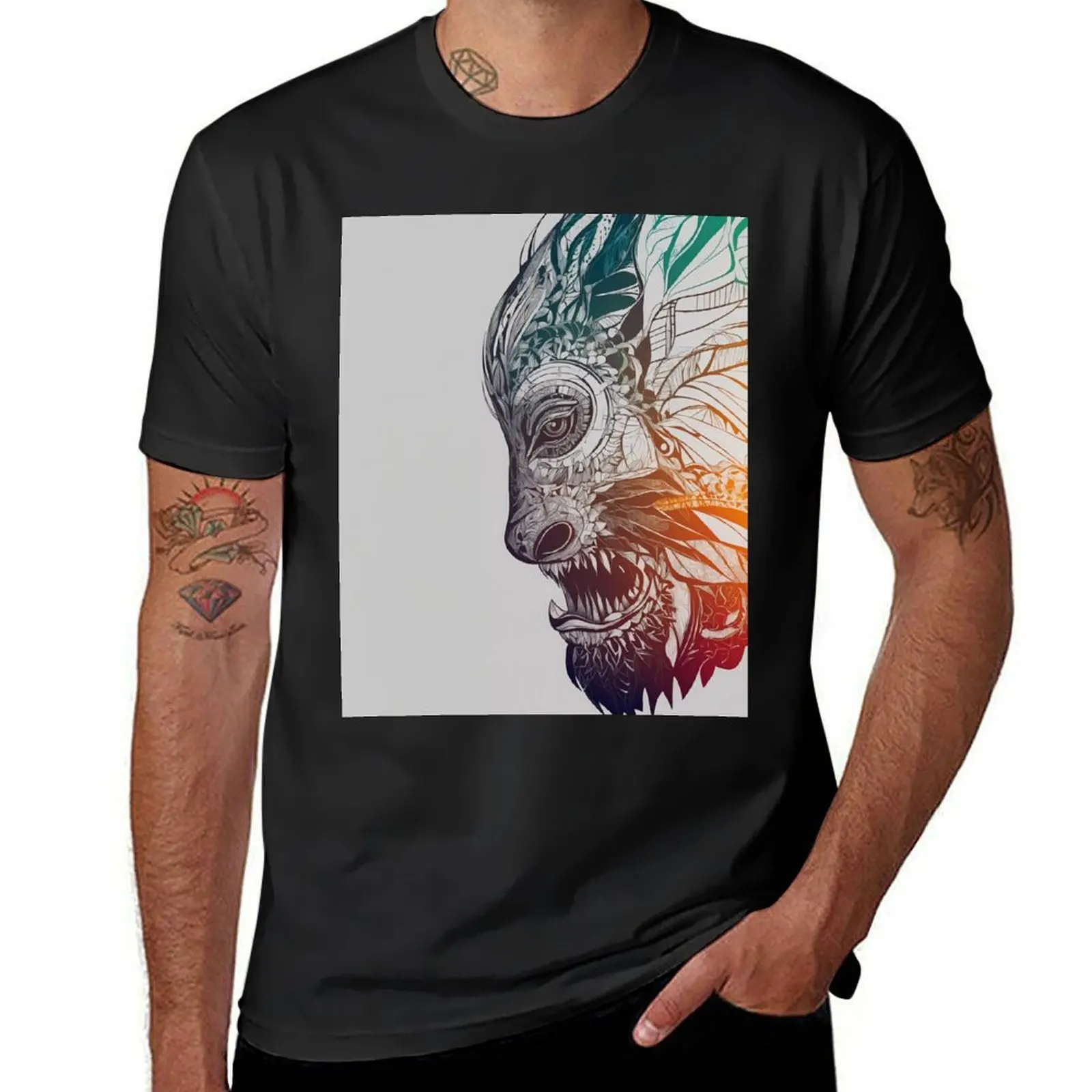 Футболка мужская механическая с изображением волка в геометрическом стиле