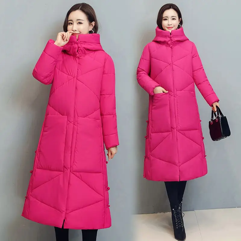 

2023 New Winter Womens Down Jackets Long Vintage Thick Casual Stand Collar Zipper Button Coat Solid Loose Hooded Parka C35