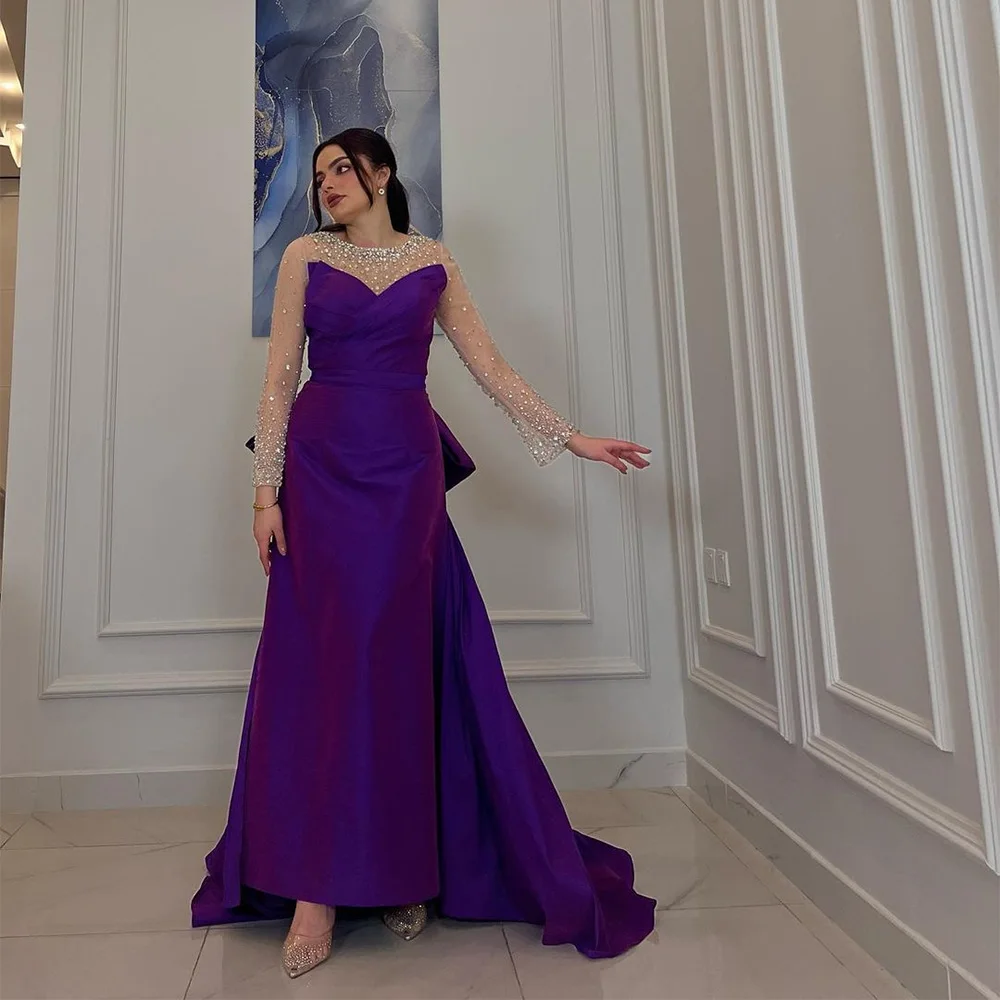 

Xijun Purple Taffeta Mermaid Saudi Arabic Evening Dresses Long Sleeves Pleat Ruched Dubai Women Prom Dress Formal Party Gowns