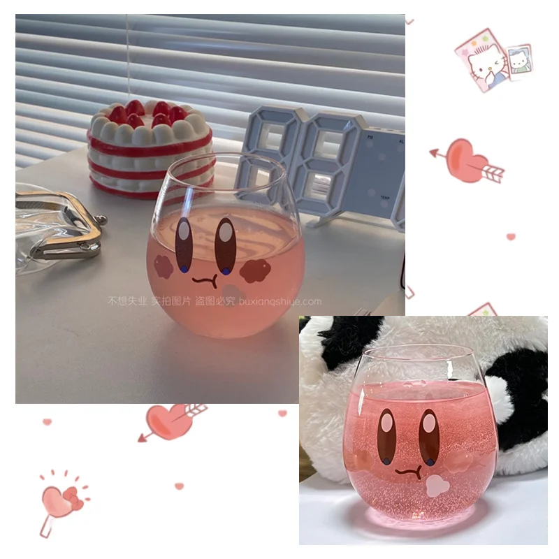 Anime Stars Kirby Cartoon Cute Glass Cup Kawaii INS Style Creative Glass Breakfast Cup Milk Cup Juice Cup Girl Birthday Gift