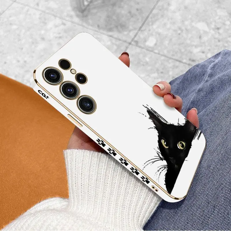 Cold Black Cat  Luxury Plating Phone Case For Samsung Galaxy S23 S22 S21 S10 S9 S8 Plus Note 20 ultra 10 Plus Cover