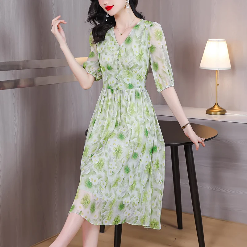 

Новинка 2023, шелковое платье с V-образным вырезом и принтом, женское летнее Модное Элегантное универсальное свободное платье для отдыха, женское платье