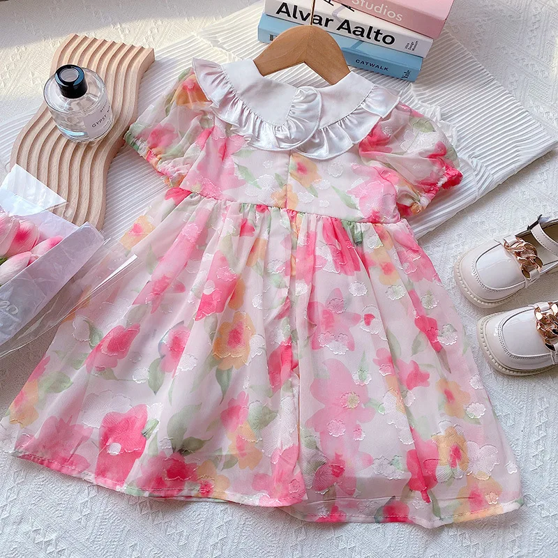 

Girls' Dress Fashion Princess Dress Short Sleeve Flower Chiffon Dress Children's Dress For 2-7 Year Old Girls