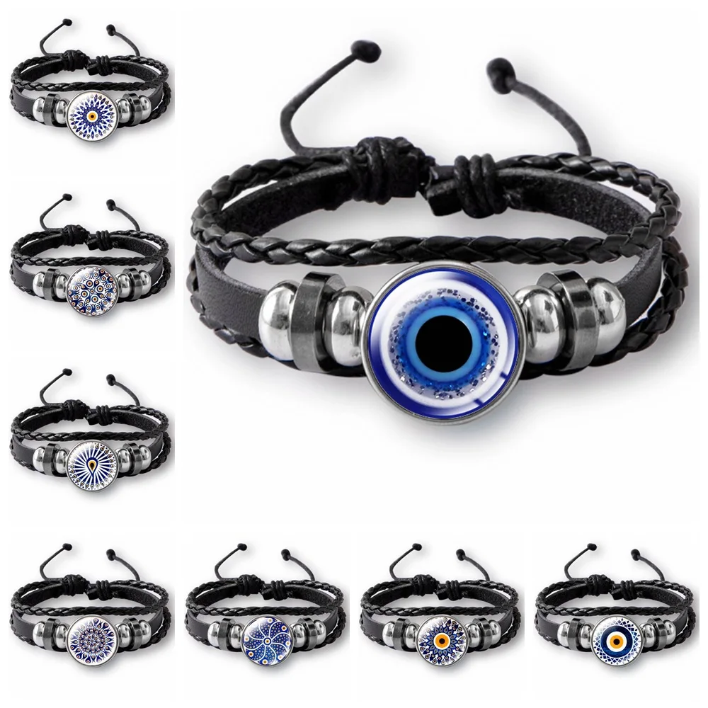 

Винтажный браслет сглаза рука Фатимы DIY Плетеный регулируемый браслет кожаный браслет трехрядный кожаный синий цвет