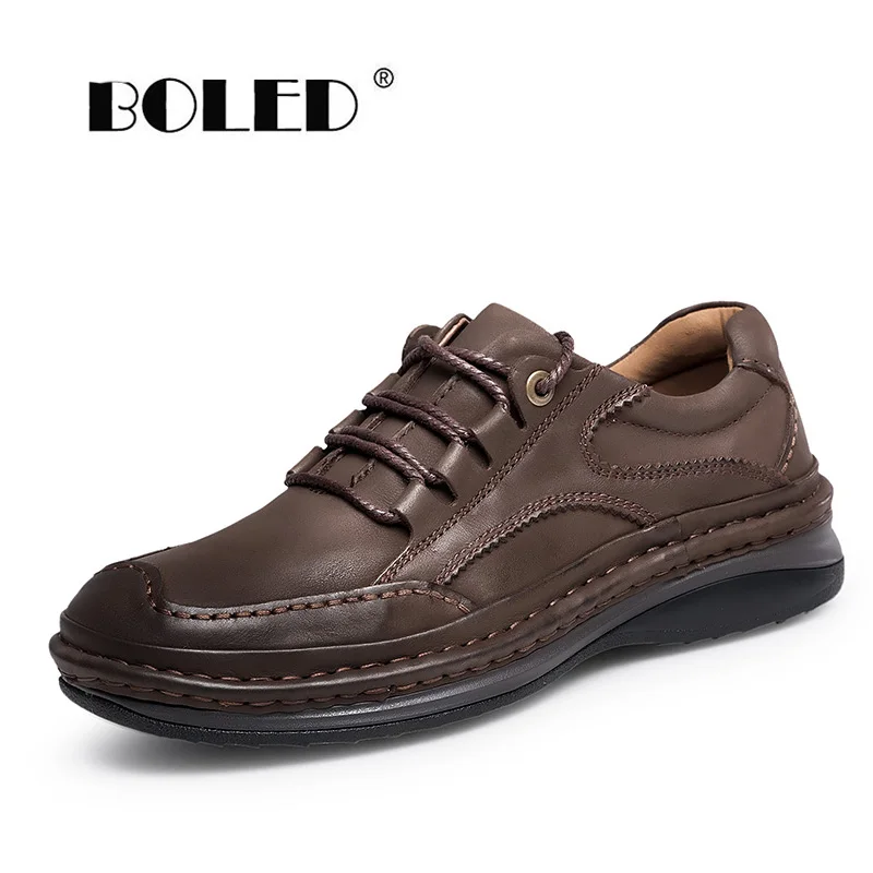 Natural Leather Shoes Men Retro Style Waterproof Flats Shoes Platform Wear-Resisting Rubber Ankle Working Men Shoes