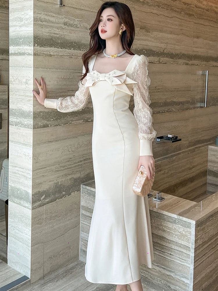 Autumn Fashion Casual Sweet Bow Square Collar Fishtail Long Dress Women Clothes Elegant Lace Sleeve Slim Robe Party Vestido