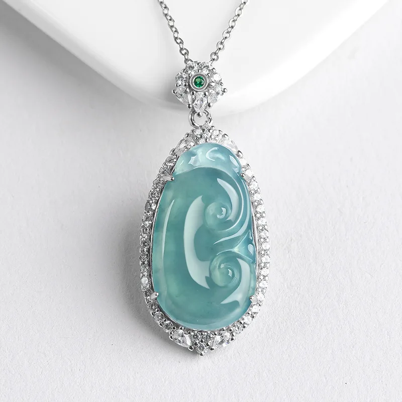 Mai Chuang/Hand Carved/Silver Inlay Jade RuYi/Emerald Necklace Pendant Fashion Elegant Personality Jewelry Men Women Couple Gift