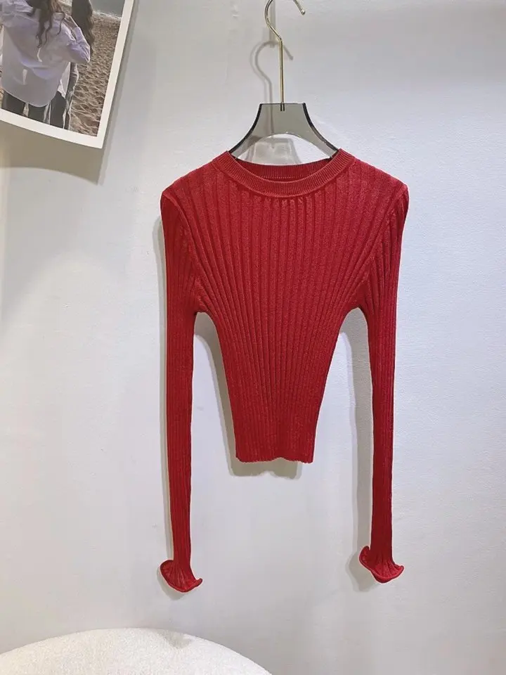 

Рукав-труба с высокой эластичной нитью, тонкий Топ с круглым вырезом, вертикальная полоса, текстура с рюшами, модные детали, осень 2023, новинка, Лидер продаж