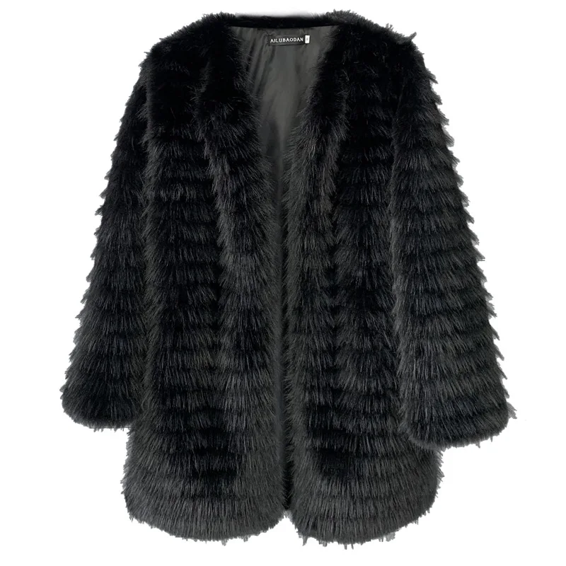 

Женское однотонное пальто, черное пальто с имитацией меха финской лисы в полоску