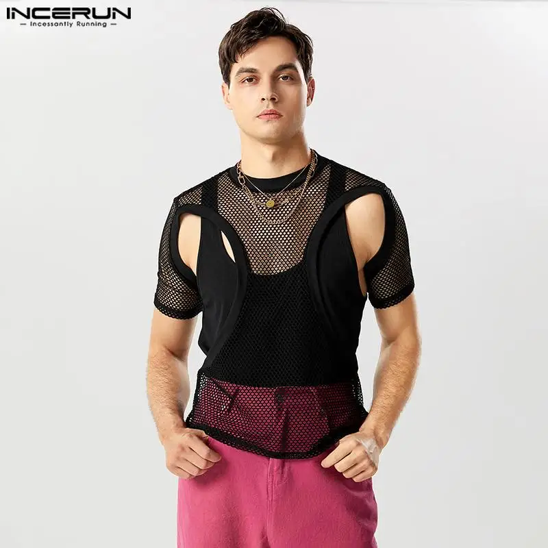 

2023 Men T Shirt Mesh Patchwork Sexy O-neck Short Sleeve Hollow Out Camisetas Streetwear Fashion Men Clothing S-5XL INCERUN
