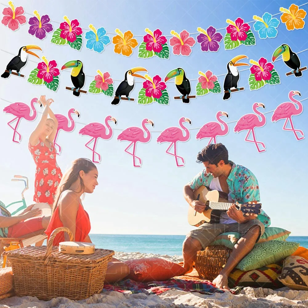 

Гавайская декорация, баннер, летние пляжные гирлянды, фламинго, цветок, птица, Бумажная гирлянда на день рождения, яркий баннер с надписью Happy Aloha Luau