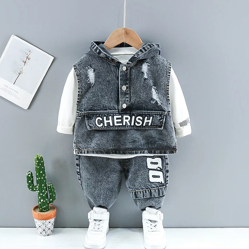 Fashion Spring Autumn Three Piece Suit Casual Baby Boys Letter Clothes Kid Longsleeve Top+Hodies Jeans Vest Coat+Denim Pant Suit images - 6