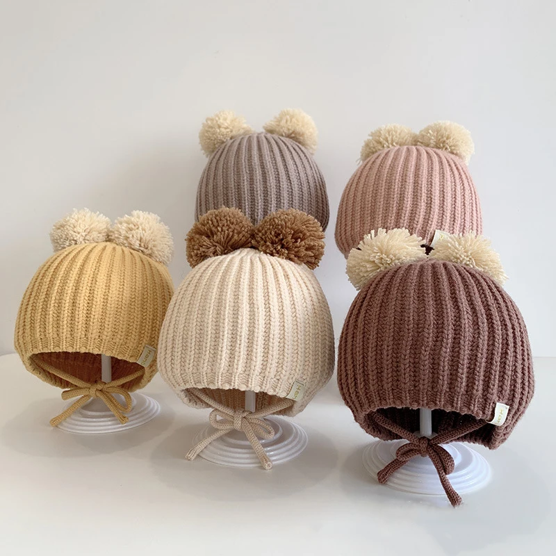 

Cute Pompom Baby Ear Protection Beanie For Kid Autumn Winter Thick Crochet Wool Knit Pullover Cap Toddler Outdoor Warm Hat 어린이비니
