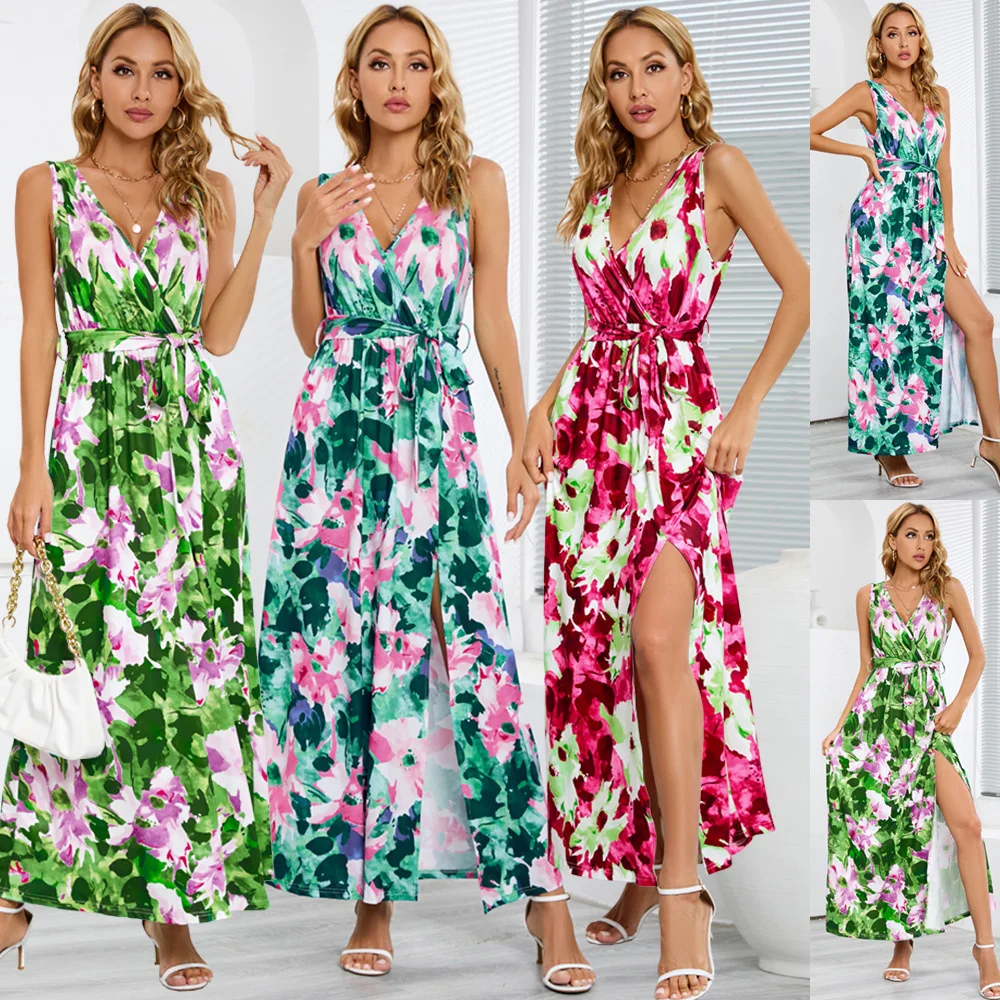 

2023 elegant dressBohemian printed dress summer new women's sleeveless V-neck slit dress