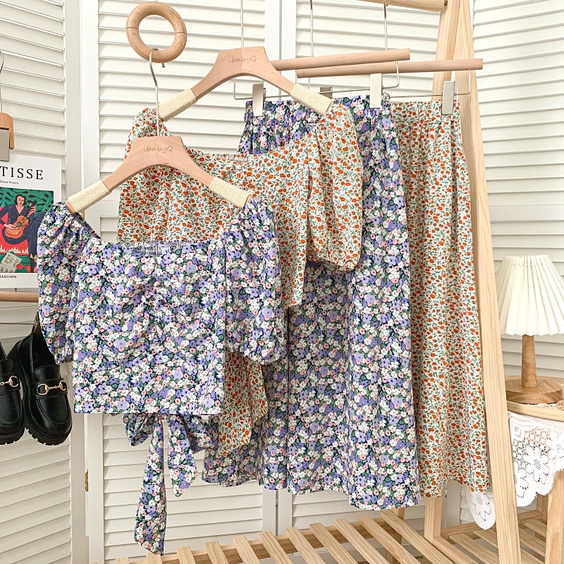 

2022 Summer New Women Floral Sets Fashion All-Match O-Neck Puff Short Sleeve Tops + High Waist A-Line Big Swing Skirt 2 Pcs Suit