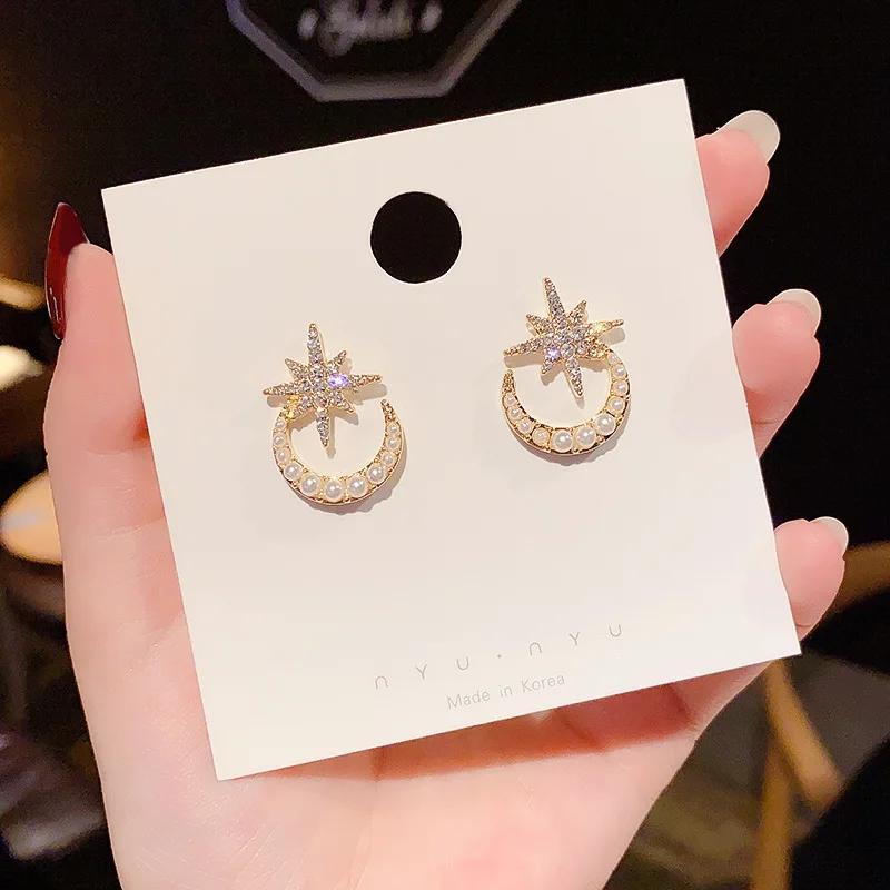 

2022 New S925 Silvers Simple Star Moon Stud Earrings Female Exquisite Pearl Metal Earrings Fashion Jewellery for Women