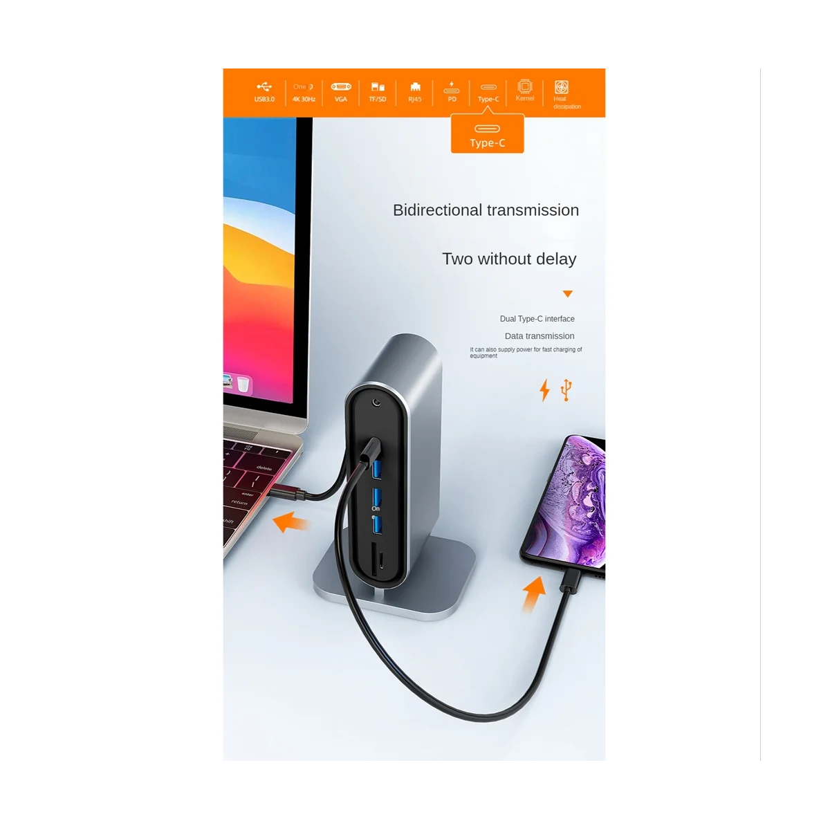 

12 in 1 Type C HUB USB 3.0 Vertical Dock Station USB-C Splitter TF Reader Ethernet Adapter 4K PD 100W for Laptop PC