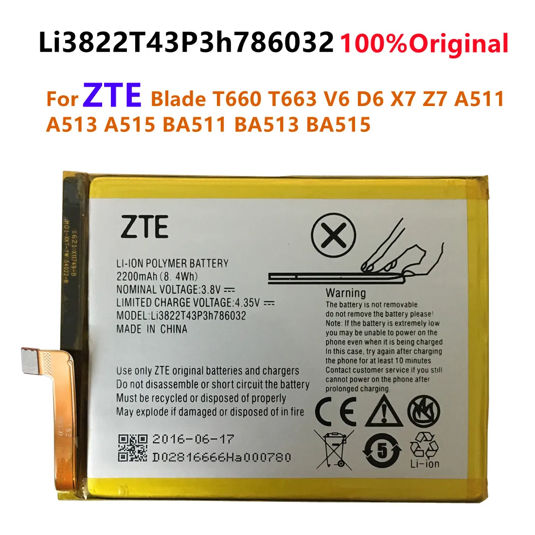 

2200mAh Li3822T43P3h786032 Replacement Battery For ZTE Blade V6 D6 X7 Z7 T660 T663 Orbic Orbic-RC-501L Mobile Phone Accumulator