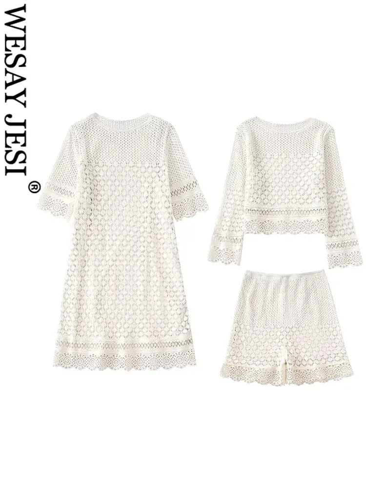 

WESAY JESI топ с круглым вырезом повседневные шорты элегантное платье Женская одежда из трех частей однотонный кружевной Повседневный короткий...