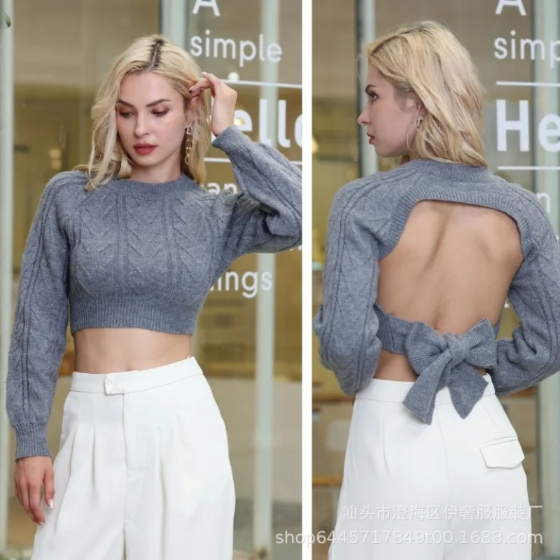 

Autumn and Winter New Short Sweater Self Lacing Sexy Design Spicy Girl Open Back Top Women's Wear
