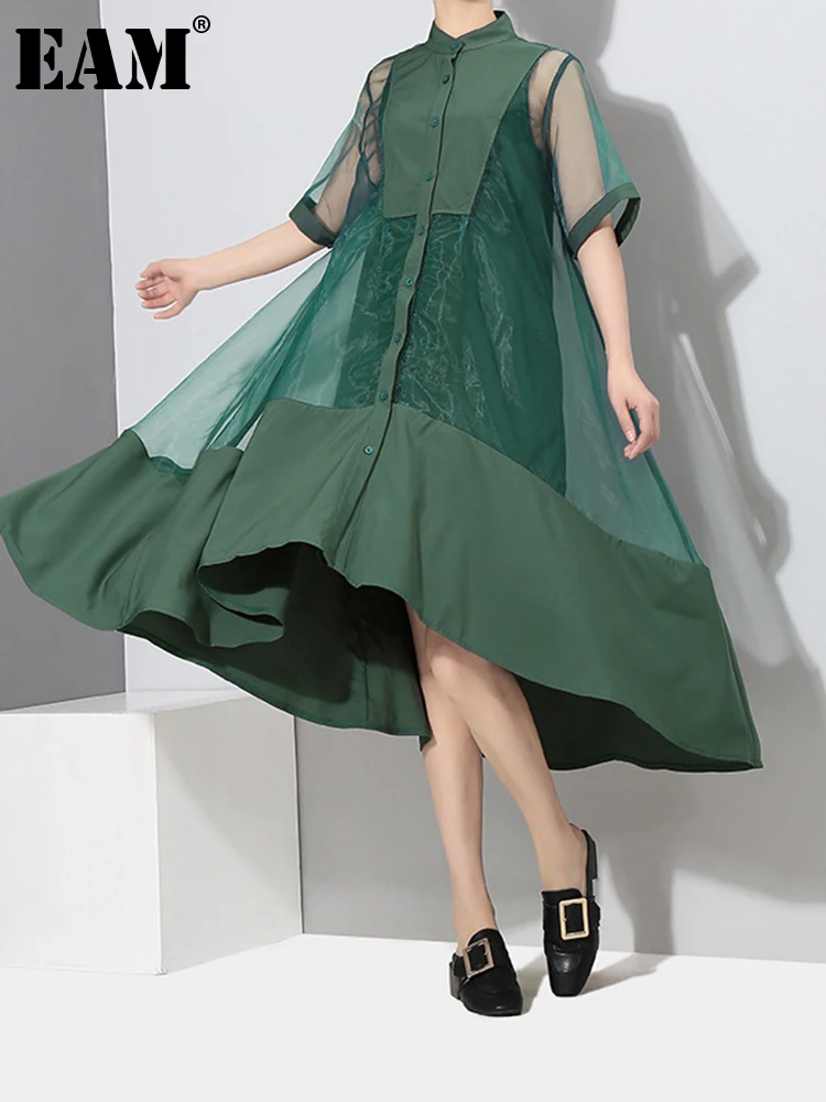 

[EAM] Women Green Organza Irregular Shirt Dress New Stand Collar Half Sleeve Loose Fit Fashion Tide Spring Summer 2022 JT581
