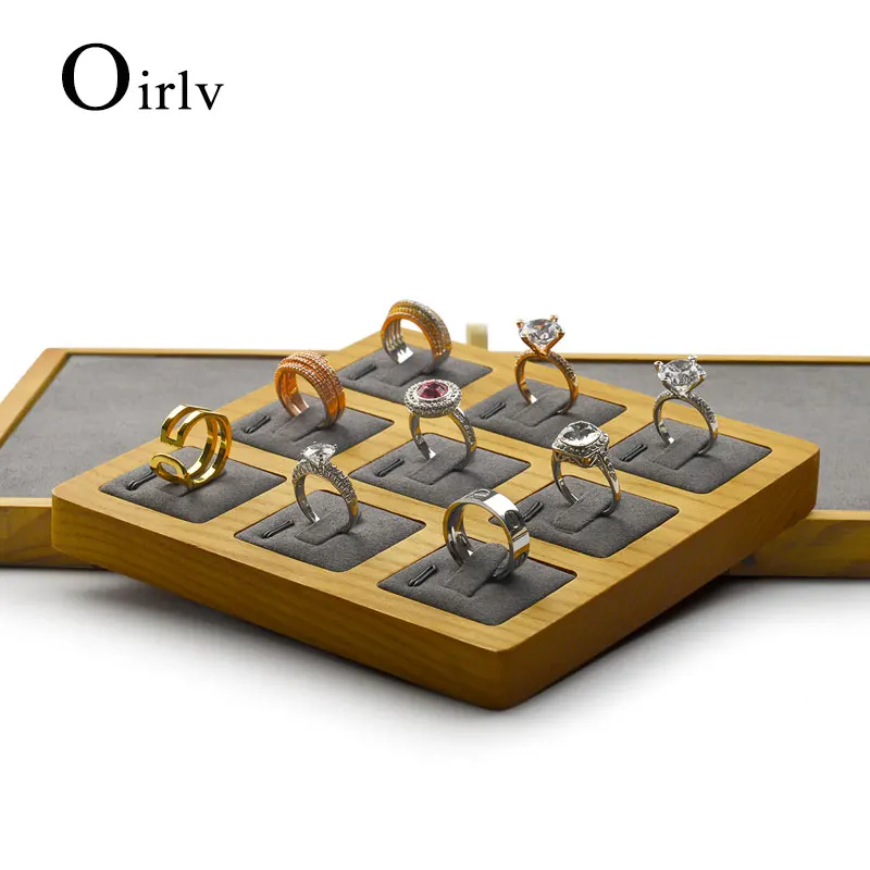 Oirlv Solid Wood Ring Organizer 9 pcs Rings Display Beige Gray Wooden Ring Display For Jewelry Display Stand Wooden Ring Holder