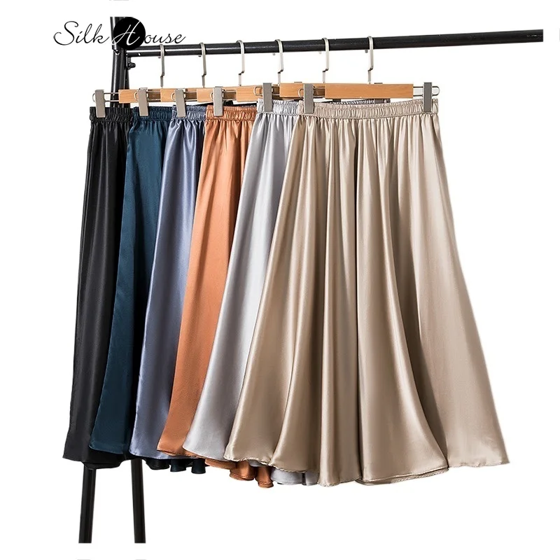

Smooth 93%Natural Mulberry Silk Elastic Plain Satin Large Swing Flexible and Elegant Commuting Large A-line Women's Casual Skirt