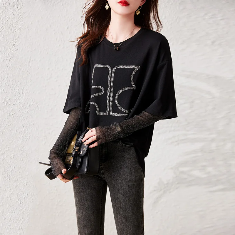 Осень 2023 новая модная сетчатая футболка из двух частей Hot Diamond женская с длинными