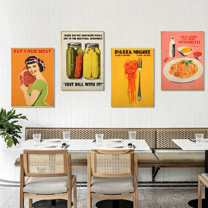 Vintage Food Croissant Pasta Meat Poster Self-adhesive Art Waterproof Paper Sticker Coffee House Bar Room Wall Decor