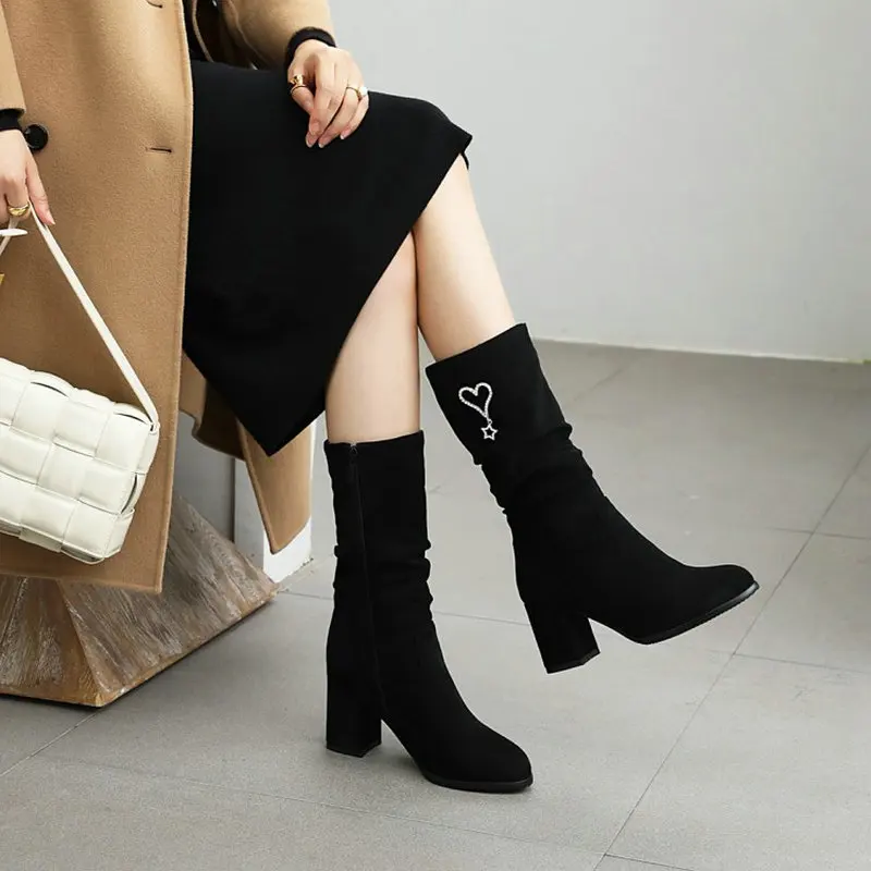 Женские Плиссированные сапоги QPLYXCO зеленые бежевые до середины икры из флока на